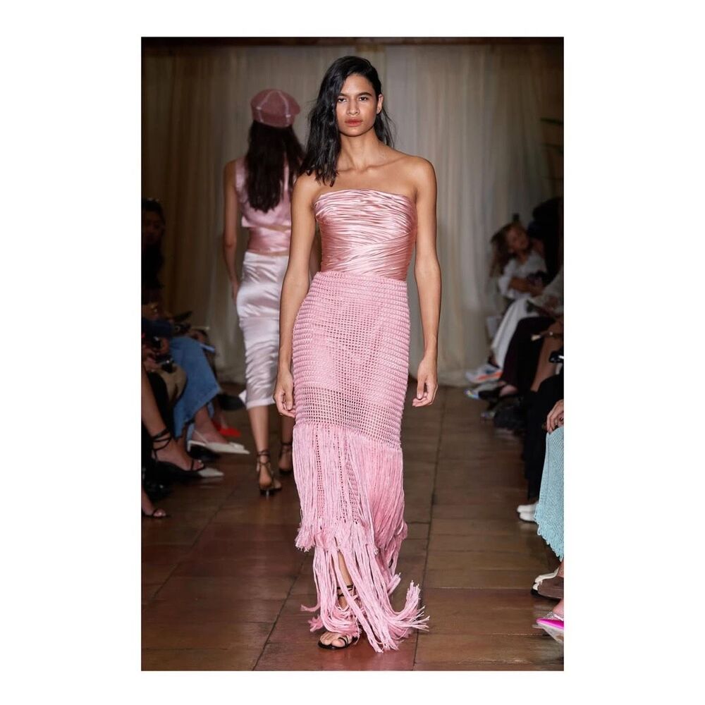 NWT Alejandra Alonso Rojas Draped Bustier Crochet Fringe Maxi Dress Rose Size 8